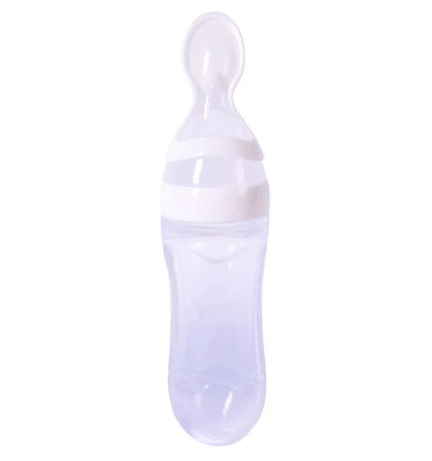Baby Silicone Squeeze Feeding Bottle with Spoon Food Rice Cereal Feeder, Blue